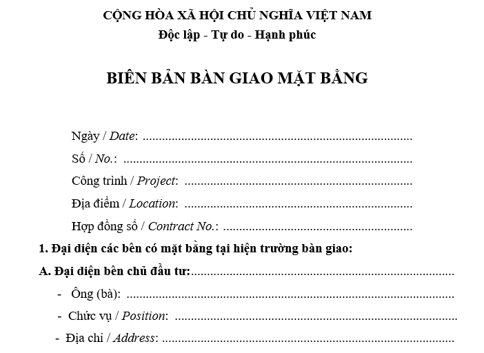 Biên bản bàn giao mặt bằng thi công xây dựng là gì - Top... 1 bản bàn giao mặt bằng thi công