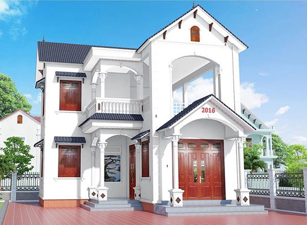 Sơn nhà màu trắng đẹp kết hợp với cửa gỗ màu nâu