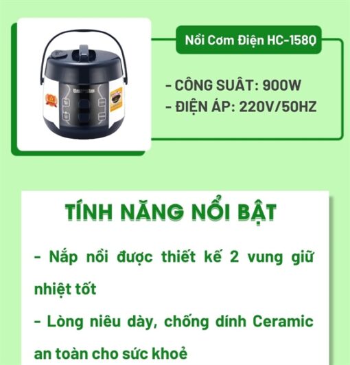 NỒI CƠM ĐIỆN QUAI XÁCH CAO CẤP HC-158Q - Cái 1 NỒI CƠM ĐIỆN QUAI XÁCH CAO CẤP HC-158Q - Cái